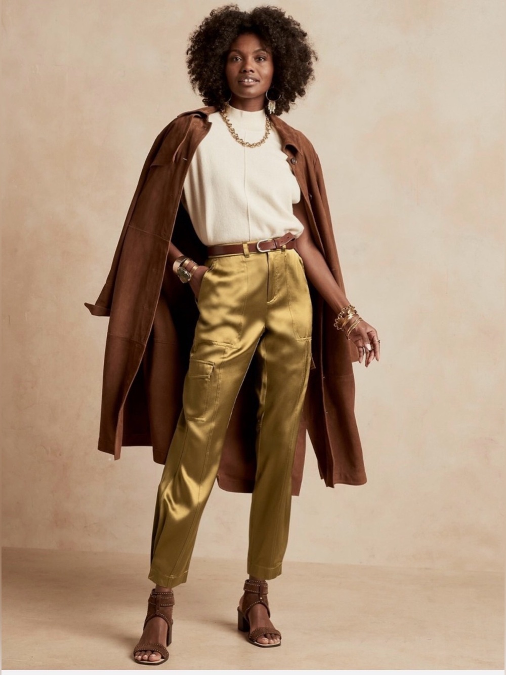 Allure Satin 100% Silk Cargo Pants in Olive Green with Matching Belt